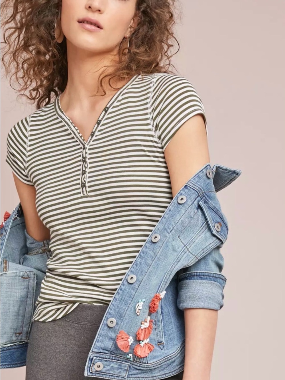Anthropologie Pure + Good Women's M Green stripe Cotton Henley Top V-Neck